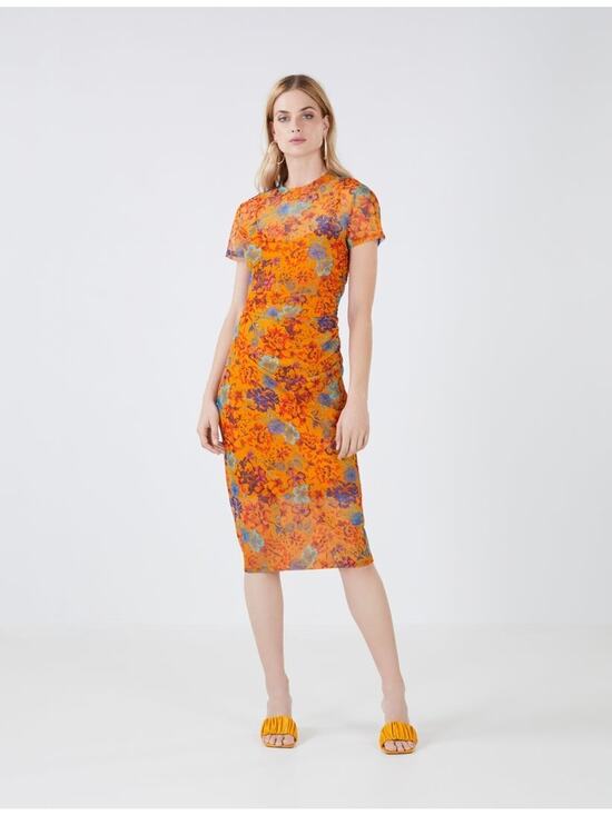 BCBGMaxAzria Dresses & Skirts - BCBGMAXAZRIA Floral Orange Sheath Dress Short Sleeve Side Ruched SZ M